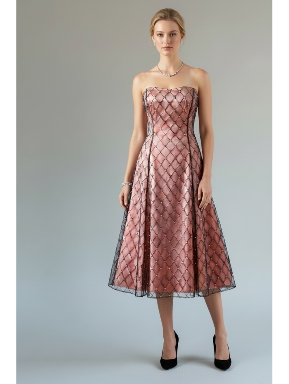 NWT Vintage Papell Boutique Rosy-Bronze Lattice Mesh Overlay Strapless Dress, 4P